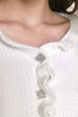 White Ruffle Trim Ribbed Knit Fitted Cardigan