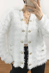 White Frayed Trim Cardigan With Gold Buttons