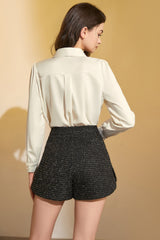 Ivory Satin Tie-Neck Long Sleeve Shirt