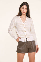 White Jacquard-Knit V-Neck Button-Up Cardigan