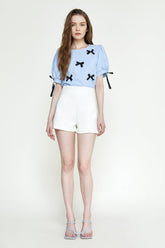 Cornflower Blue Textured Bowknot Decor Puff Sleeve Blouse