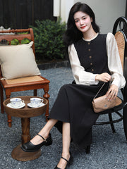 Retro Mid-length slim-fitting and textured black dress