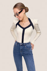 Ivory Ribbed Contrast Trim Sweater