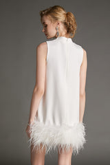 White Sleeveless Mock Neck Feather-Trimmed Mini Dress