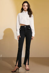 White Cropped Button-Up Lapel Collar Shirt