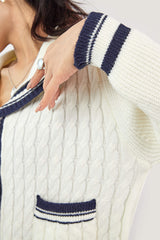 Ivory Sailor Collar Striped Trim Ribbed Cardigan