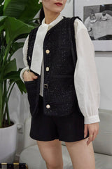 Black Crew Neck Frayed Trim Button-Up Tweed Vest