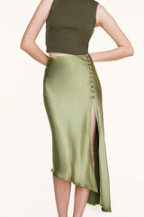 Olive Drab Satin Button Side Asymmetric Midi Skirt