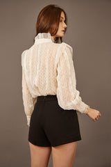 White Lace Trim Faux Pearl Button Blouse