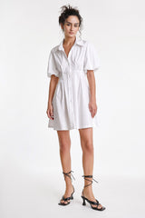 White Fitted Waist Puff Sleeve Shirt Dress