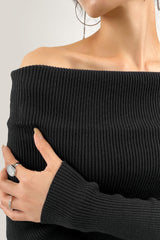 Black Off-the-Shoulder Ribbed Knit Sweater