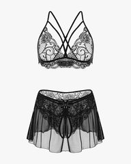3 Piece Sets Lace Bralette, Skirt with Panty