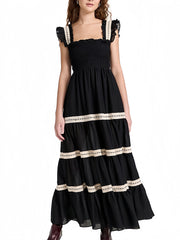Ruffle Maxi Dress Short Sleeves Square Neck 100% Cotton Maxi Dress