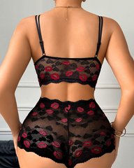 Red Lips Embroidered Lace See-Through Lingerie Set