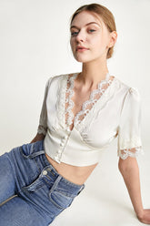 Ivory Satin Scallop Lace Puff Sleeve Crop Top