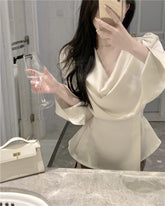 Beige Satin Cowl Neck Long Sleeve Blouse