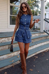 Chic Vibe Denim Sleeveless Two-Piece Suit
