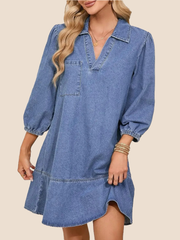 V-Neck Puff Sleeve Denim Layered Dress