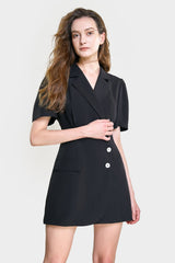 Black Button Detail Short Sleeve Blazer Dress
