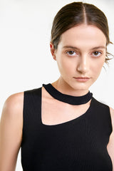 Black Rib-Knit Asymmetric Cut Out Tank Top