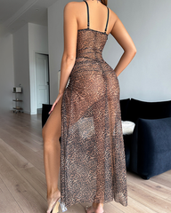 Leopard Print Sheer High Slit Spaghetti Strap Nightgown