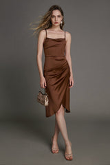 Saddle Brown Cowl Neck Pleat Detail High-Low Midi Dress