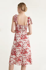 Beige Floral Print Tie Strap Slit Hem Midi Dress