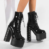 14 Cm Super High Heel Platform Modern Boot Women High Quality Patent Leather Rivets Punk Plus