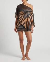 Claw Print One-Shoulder Top with Cape & Bodycon Skirt Set