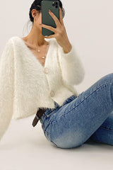 Ivory V-Neck Fuzzy Knit Cropped Cardigan