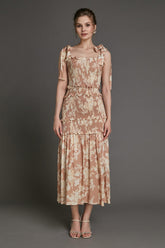 Bisque Floral Print Tie Strap Smocked Ruffled Maxi Dress
