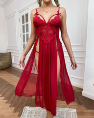 Sheer Mesh Deep V-Neck Lace Side Slit Slip Dress