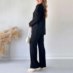 Cozy Ribbed Knit with Slit-Leg Pants(Two-Piece Set)