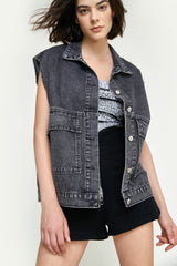 Black Collared Flap Pocket Button Front Denim Vest