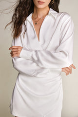 White Satin Gathered Detail V-Neck Long Sleeve Shirt Mini Dress