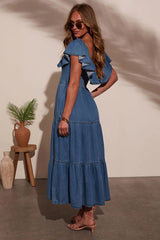 Laylie Medium Wash Denim Off Shoulder Maxi Dress