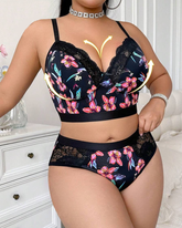 Plus Size Floral Print Lace Trim Lingerie Set