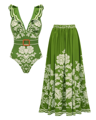 V Neck Ruffle Green Retro Printed Swimsuit Set