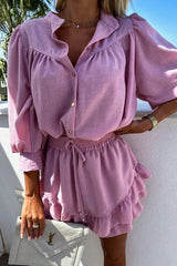 You Got This Button Ruffled Short Sleeve Suit - 5 Colors