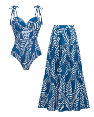 Sling Blue Tassel Leaves Print Cut Out Swimsuit Set