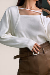 White Wool-Blend Strap Detail Asymmetric Neck Sweater