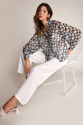 Dark Blue Leaf Print Button-Up Shirt