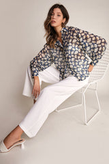 Dark Blue Leaf Print Button-Up Shirt