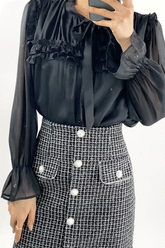 Tie-Neck Ruffle Pleated Blouse