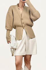 Tan Balloon Sleeve Ribbed Knit Cardigan