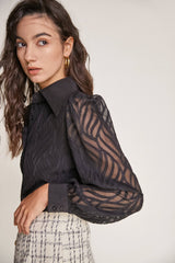 Black Pointed Collar Textured Mesh Shirt