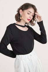 Black Long Sleeve Asymmetric Cut Out Top