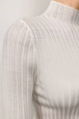 White Mock Neck Short Sleeve Wool-Blend Ribbed Knit Sweater