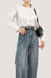 White Crew Neck Lace-Trim Pantern Sleeve Blouse