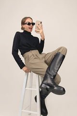 Black Textured Striped Turtleneck Top